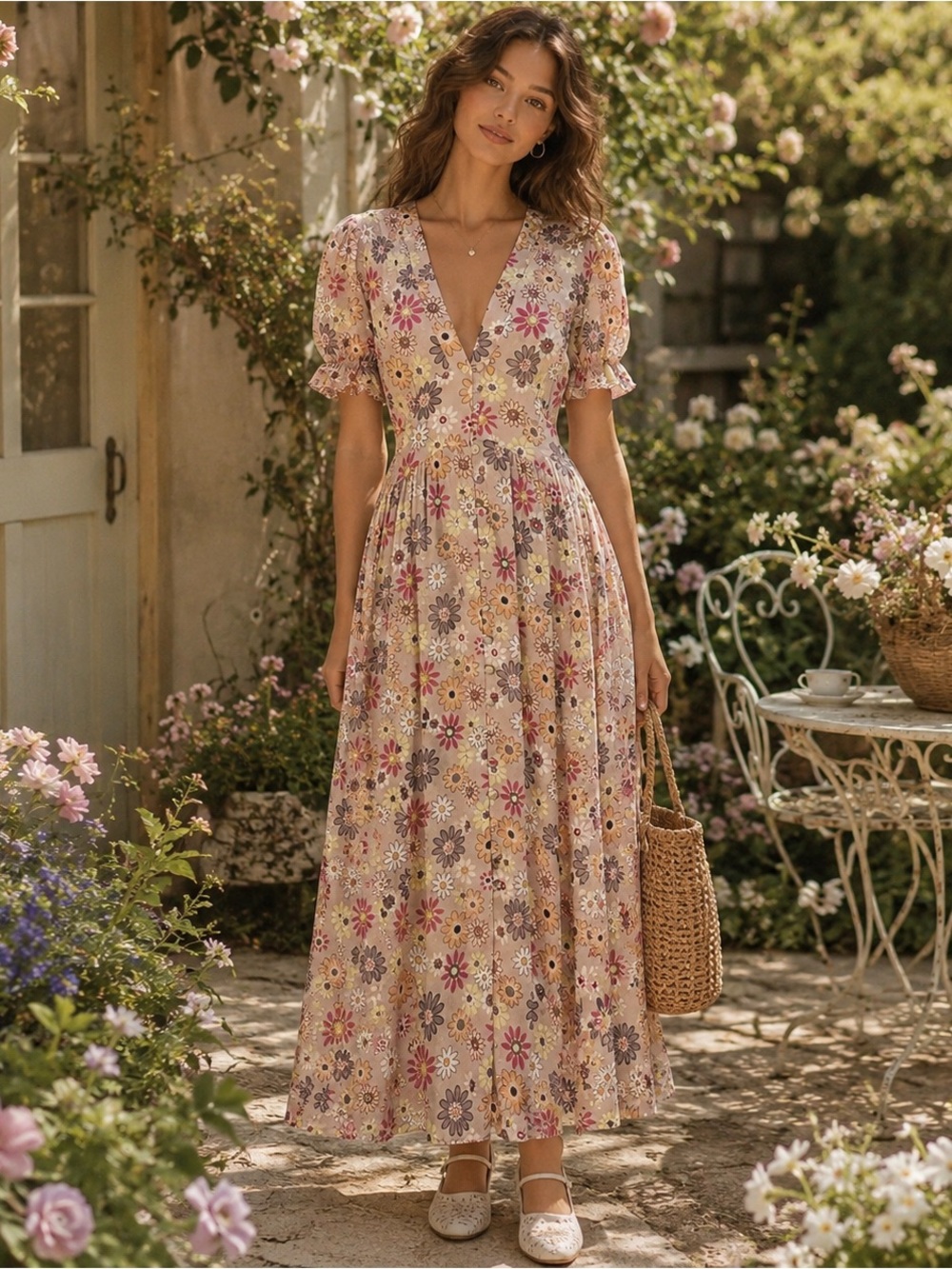 Monte Floral Maxi Dress Floral Full Button Sz‎ L Boho Cottage Core $125 new